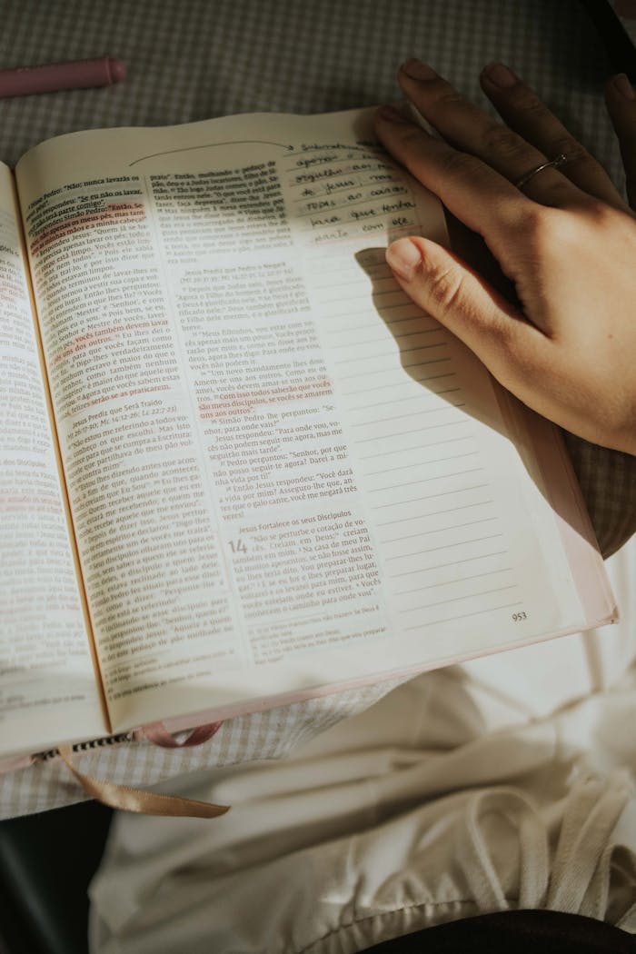 gallery-6 A hand rests on an open book with highlighted text, creating a peaceful and contemplative scene.